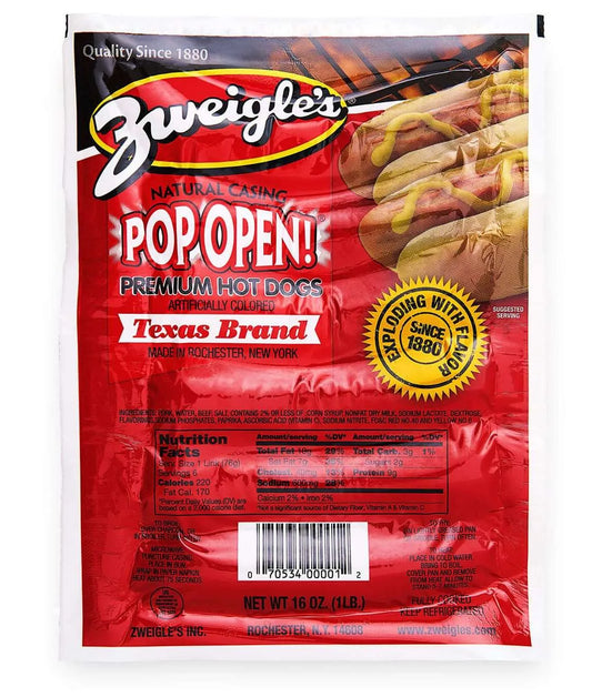 Zweigles Hots 8 lbs Pop-open Red Hots  (8 Packs of 6 hot Dogs)